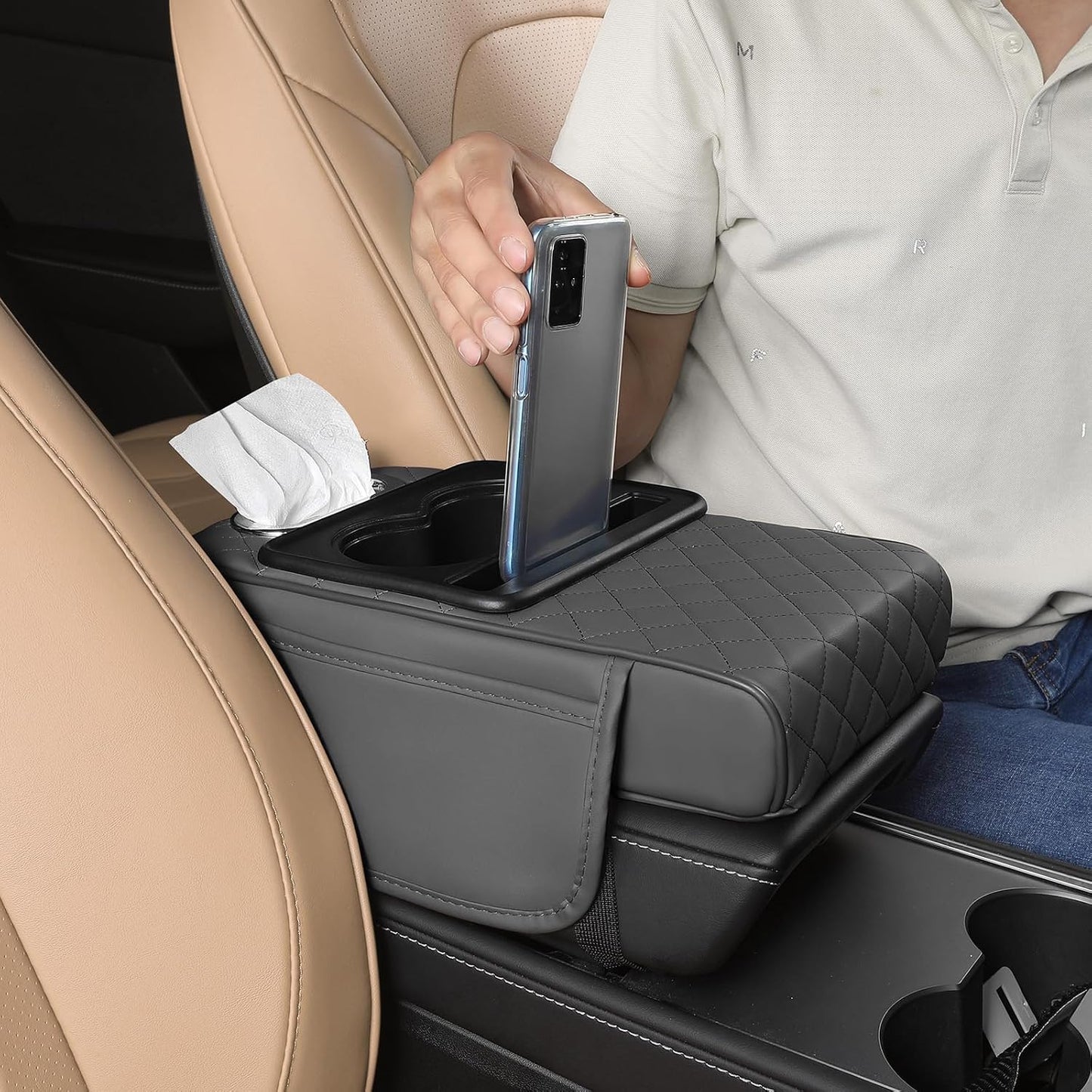 DriveBox Premium - Apoyabrazos Organizador Universal - Elimina el desorden de tu auto en segundos