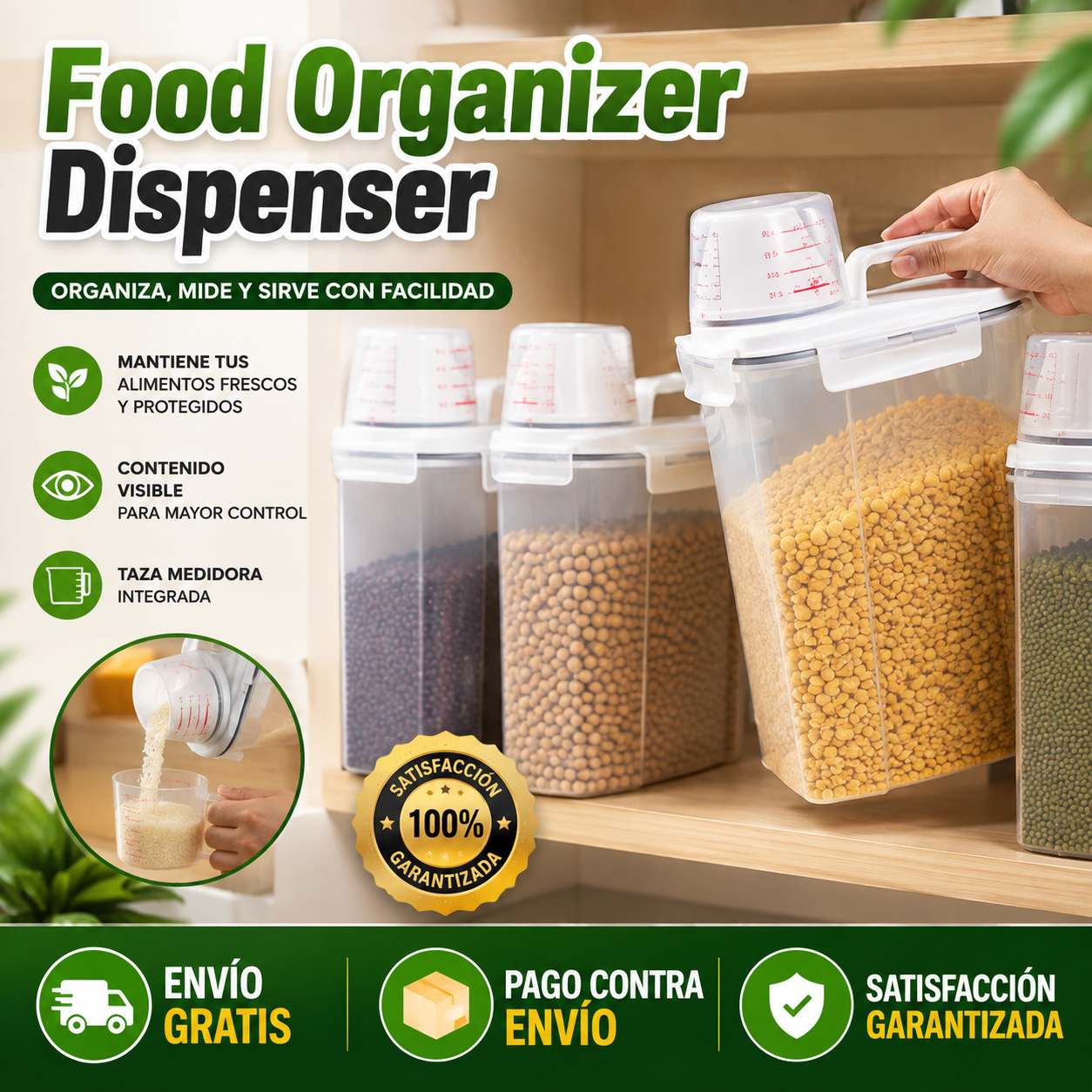 Food Organizer Dispenser - Almacena, Mide y Sirve – Organiza tus alimentos en minutos.