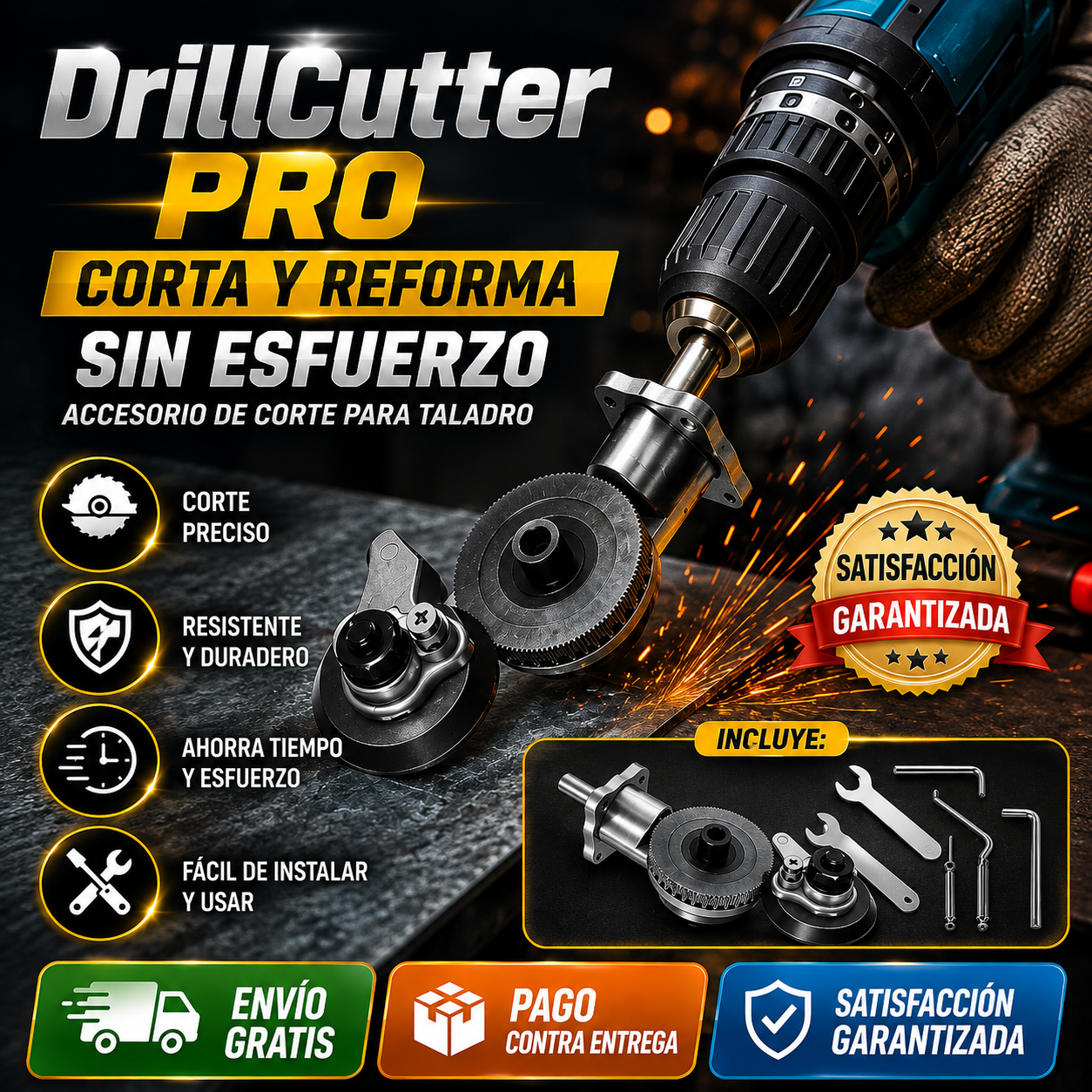 DrillCutter Pro – Cortador de Láminas para Taladro – Corta láminas de metal con el taladro que ya tienes desde el primer uso