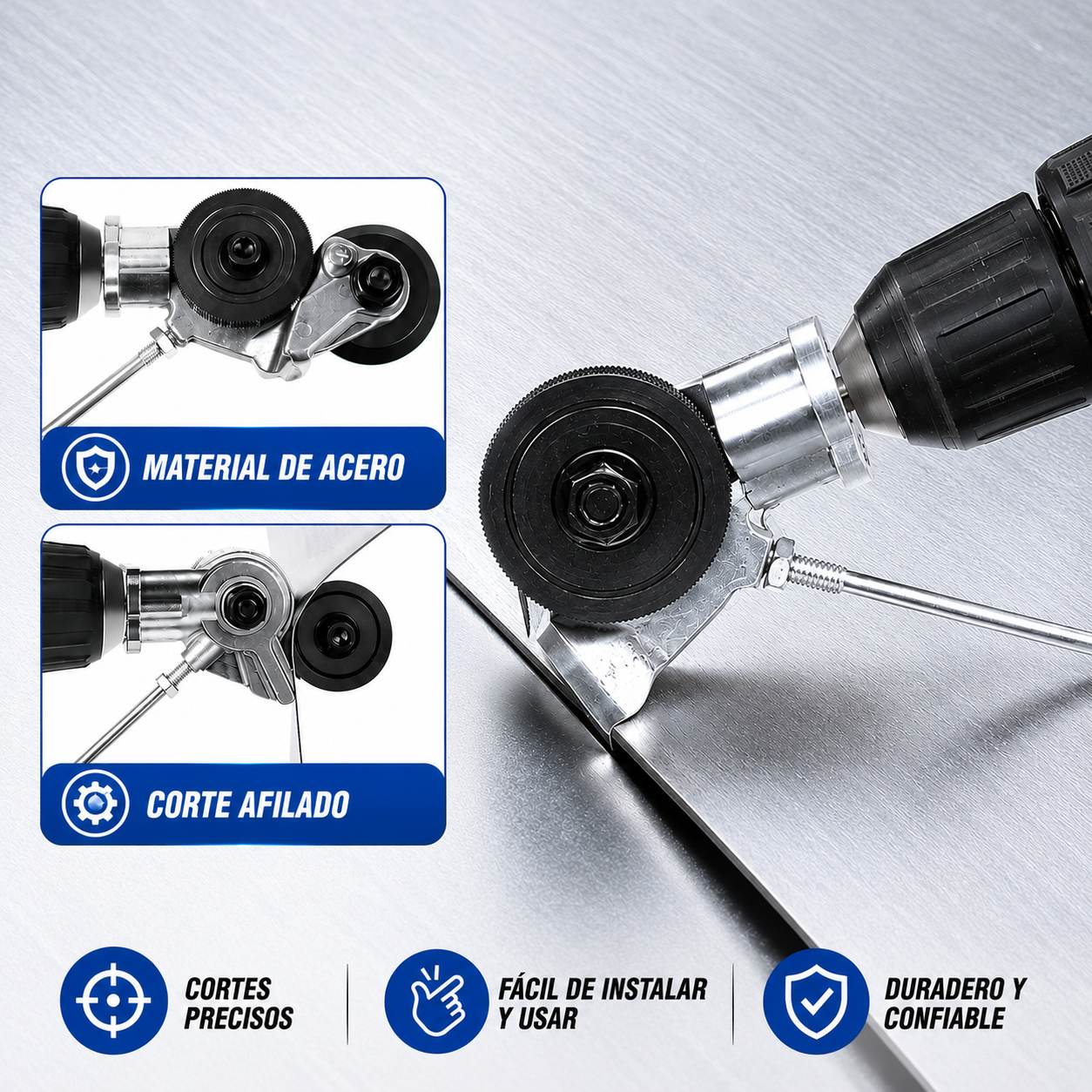 DrillCutter Pro – Cortador de Láminas para Taladro – Corta láminas de metal con el taladro que ya tienes desde el primer uso