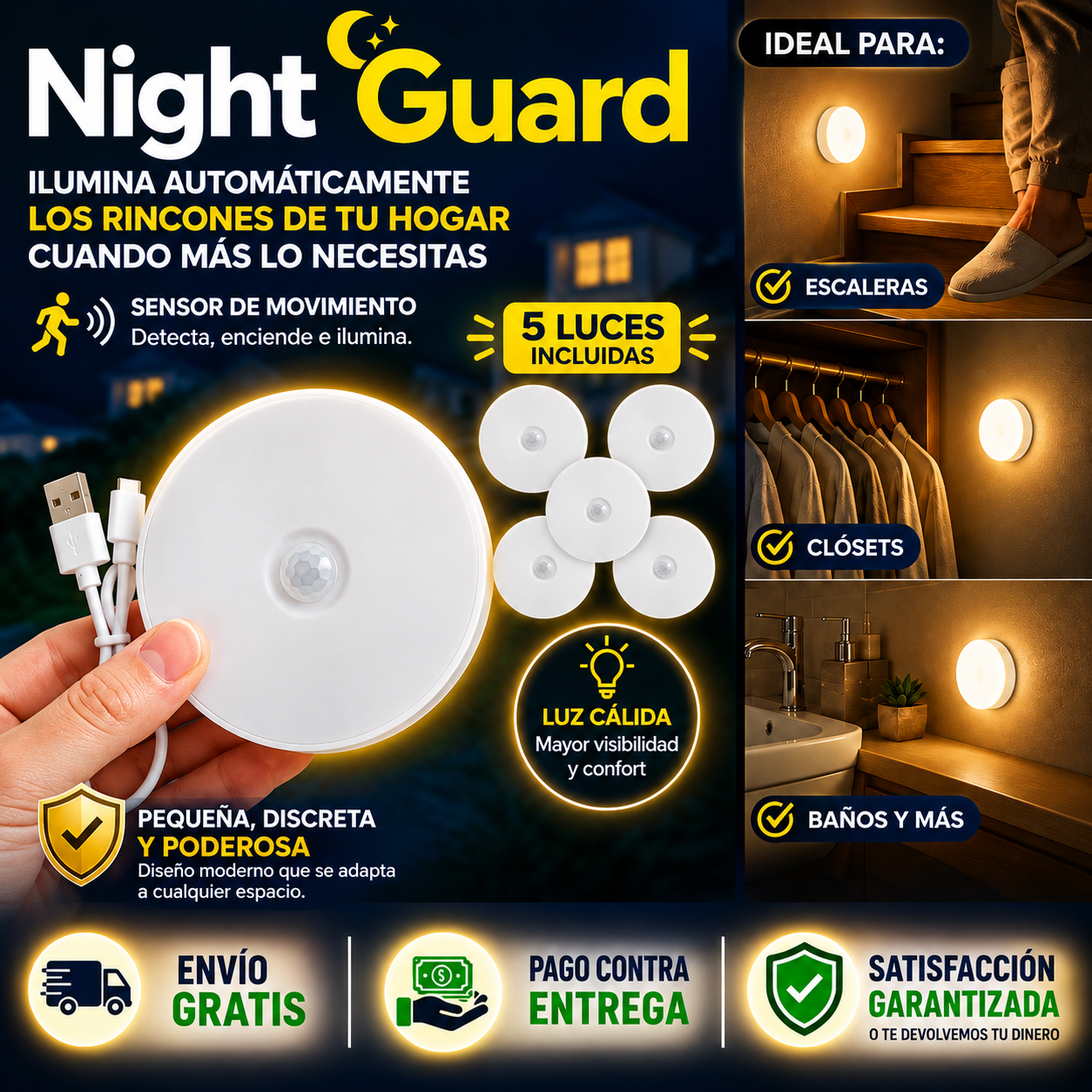 Pack 5 NightGuard – Luz LED de Seguridad – Evita caminar a oscuras cada noche