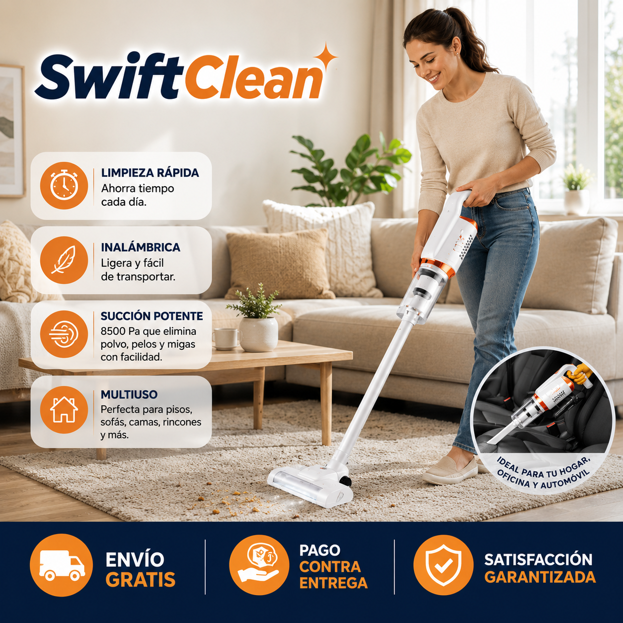 SwiftClean - Aspira Donde Quieras - Limpia cualquier rincón rápidamente sin perder tiempo.