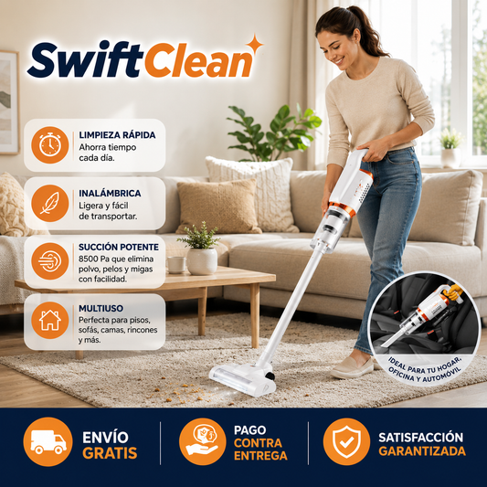 SwiftClean - Aspira Donde Quieras - Limpia cualquier rincón rápidamente sin perder tiempo.