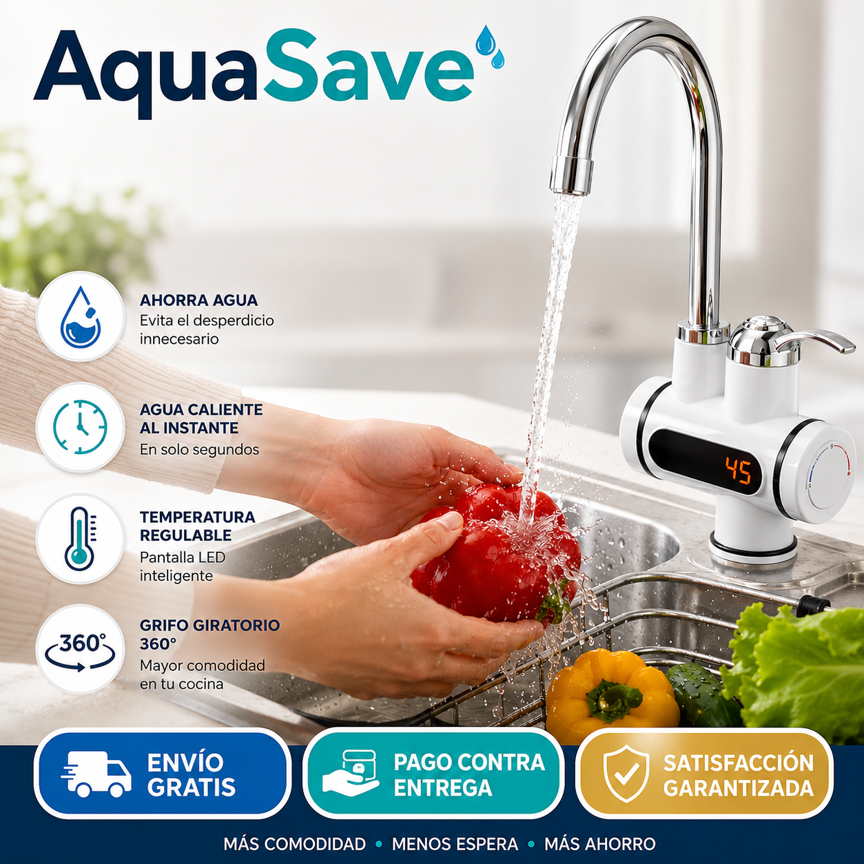AquaSave - Calienta el agua al instante desde el primer uso sin desperdiciar litros esperando que salga caliente.