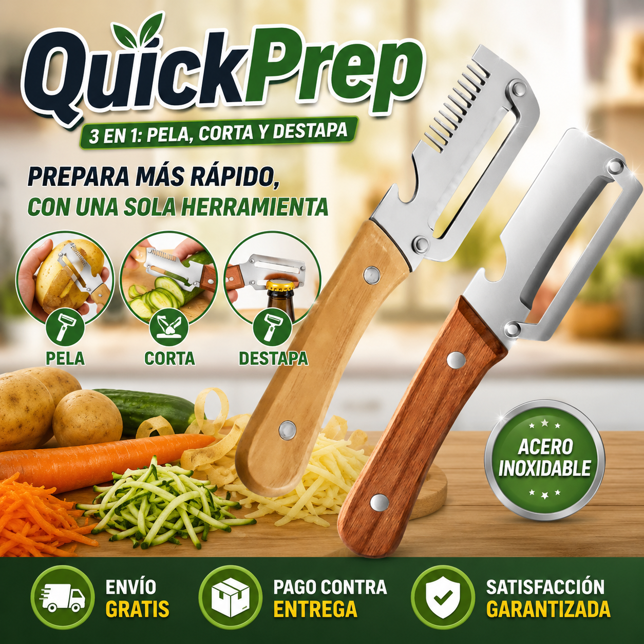 QuickPrep - Cortador y Pelador 3 en 1 – Agiliza la preparación de tus comidas desde el primer día.