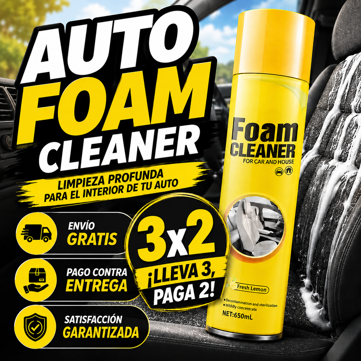 PACK 3 X 2! - Auto Foam Cleaner - Limpia Asientos, Alfombras y Paneles - Deja tu Auto Visiblemente Más Limpio